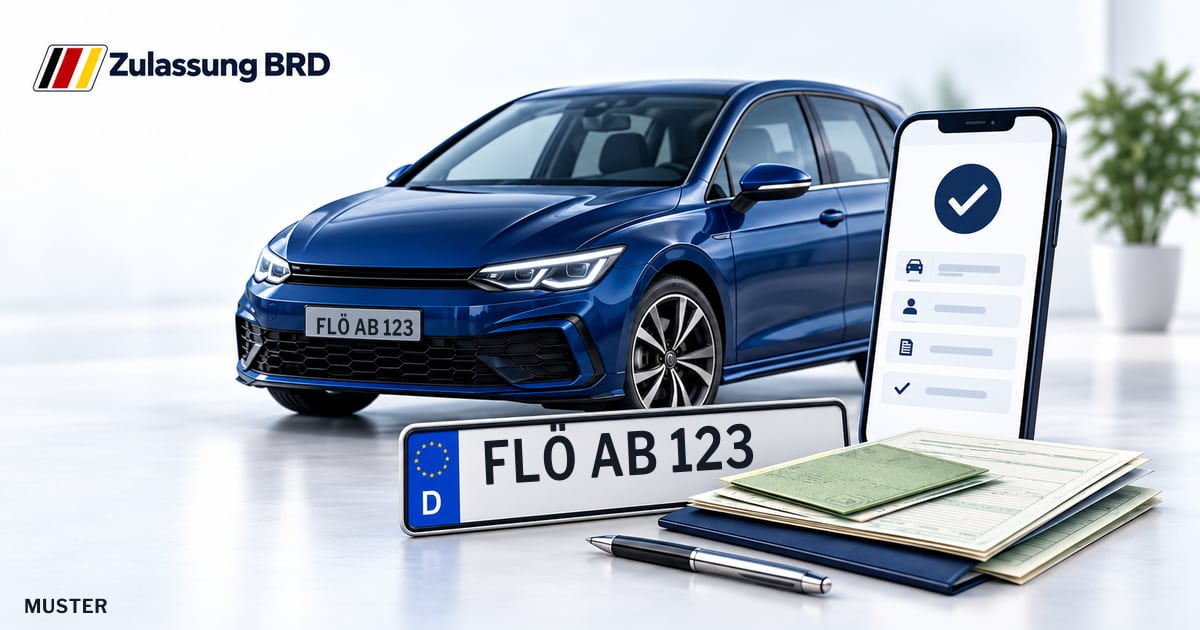Online Fahrzeugzulassung in Flöha: Musterkennzeichen FLÖ AB 123, Auto und Fahrzeugpapiere und Smartphone. Illustration mit Logo von Zulassung BRD.
